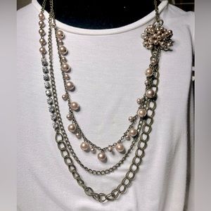 35” Necklace with 3 chains, pearls & rhinestones